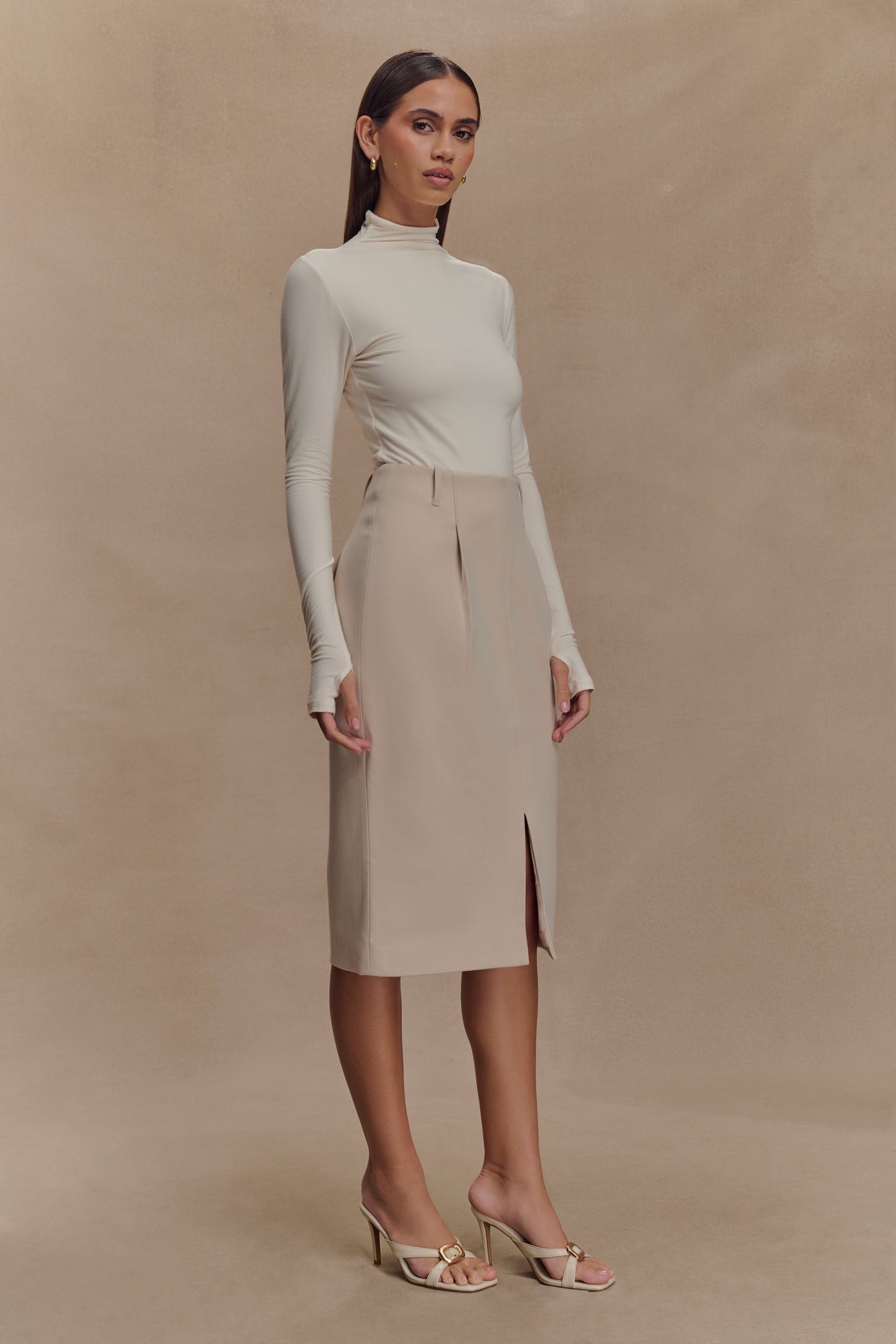 Vera Suiting Split Front Midi Skirt - Ivory Stone
