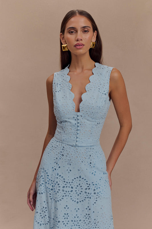 Arla Sleeveless Broderie Top - Pale Cornflower Blue