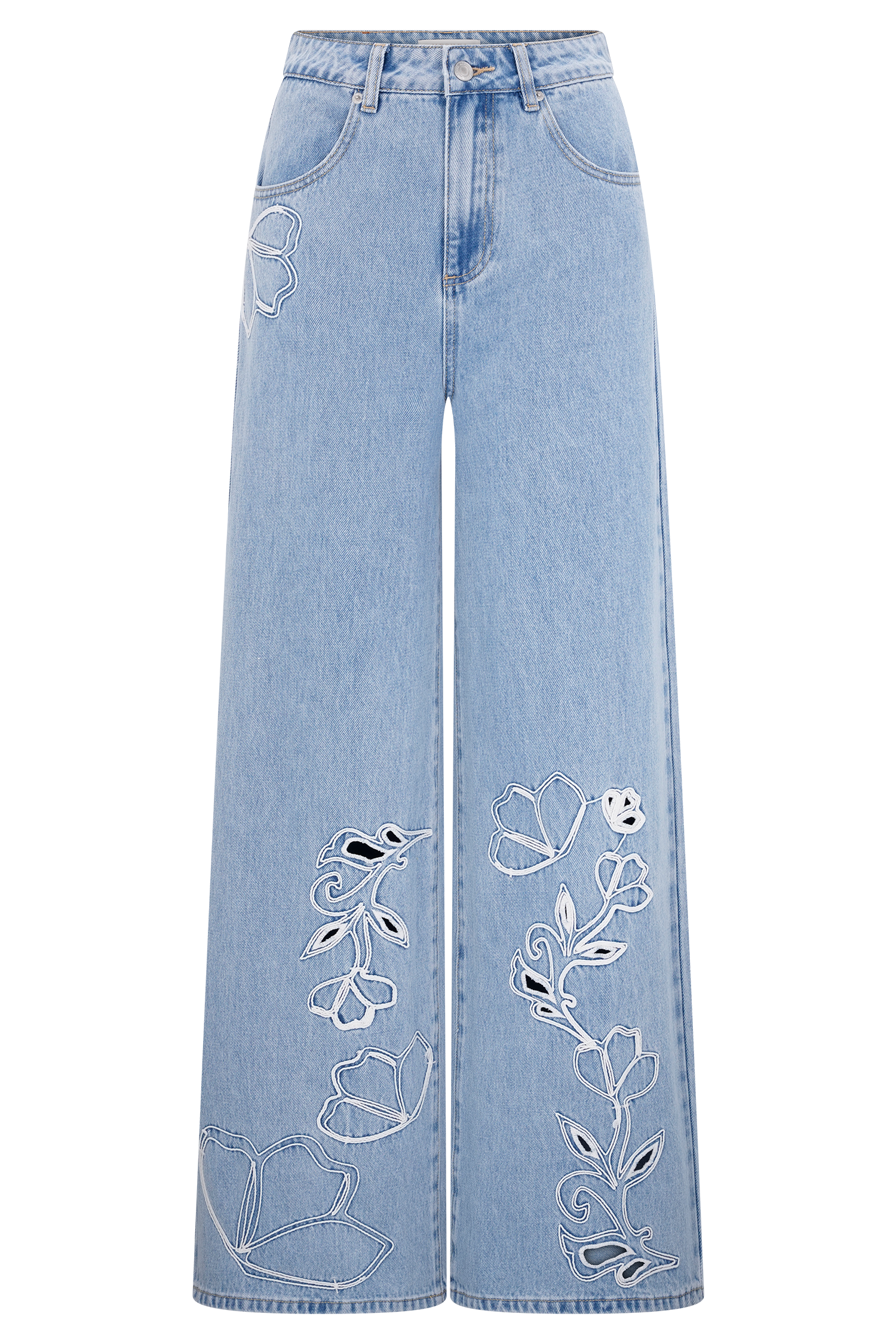 Carmella Embroided Straight Leg Jeans - Mid Blue